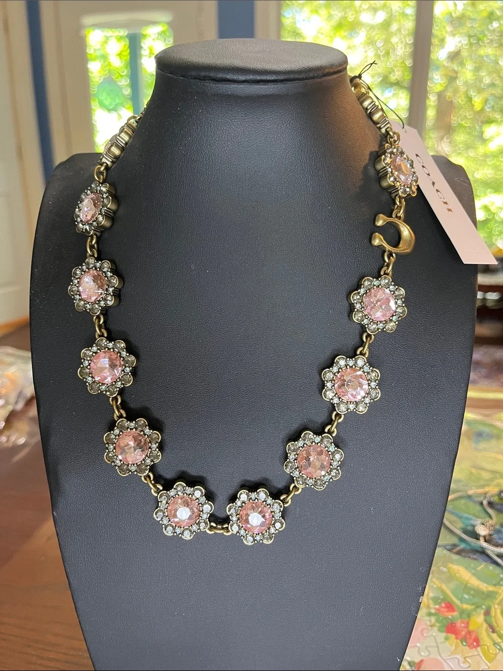 Coach Pink Crystal Floral-Link Necklace in Antiqued Gold - Picture 5 of 8